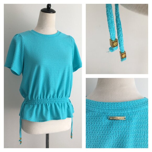 MICHAEL KORS Turquoise Blue Textured Gold Logo Hardware Drawstring Waist Shirt - Picture 1 of 11